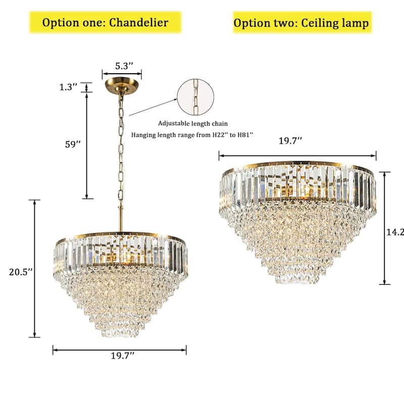 CraftHome Modern Glam Antique Gold Crystal Tiered Chandelier Luxury Ceiling Light For Dining Room Bedroom Entryway - W20''