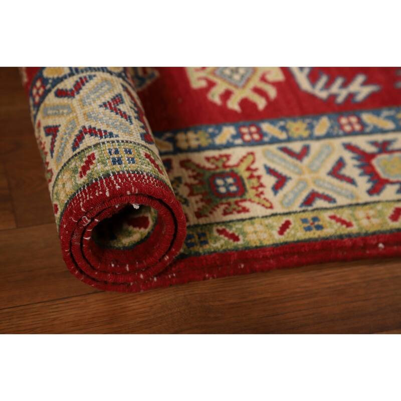 Red Kazak Foyer Rug Handmade Geometric Wool Carpet - 2'9"x 3'11"