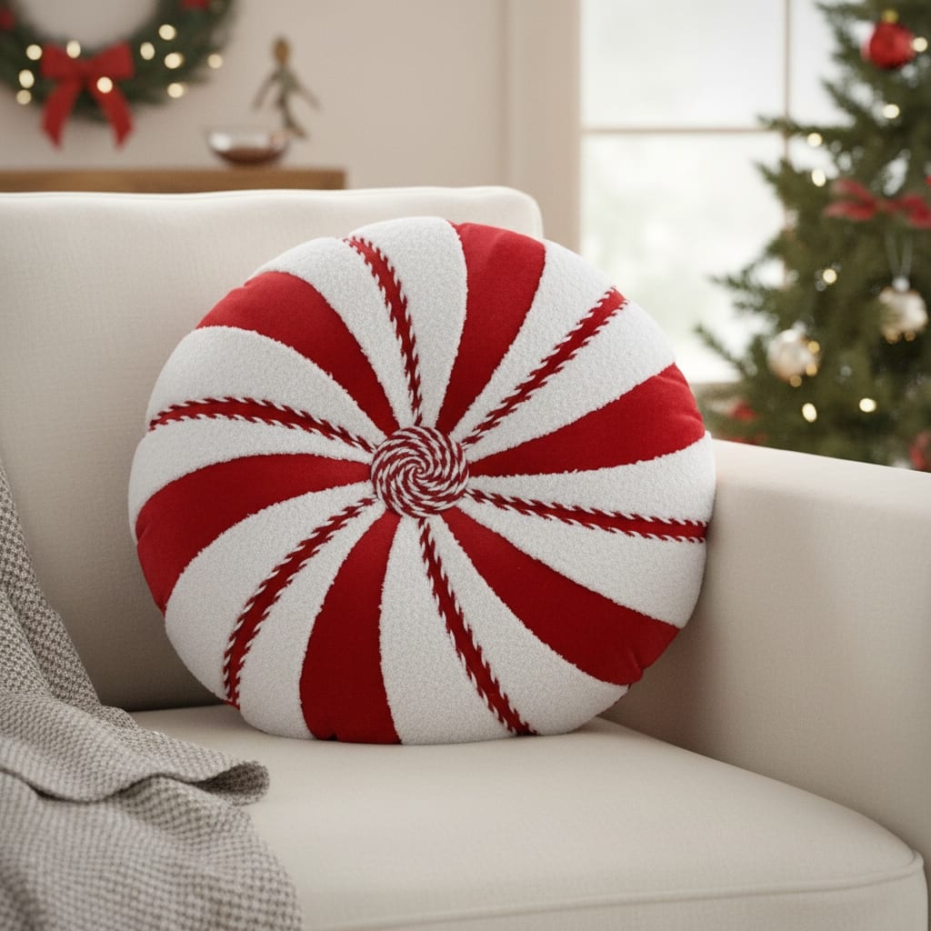 16" Red And White Cotton Velvet Round Christmas Striped Throw Pillow