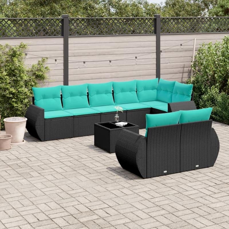 vidaXL 8 Piece Patio Sofa Set with Cushions Black Poly Rattan - 28 x 24.4 x 27.2-With table