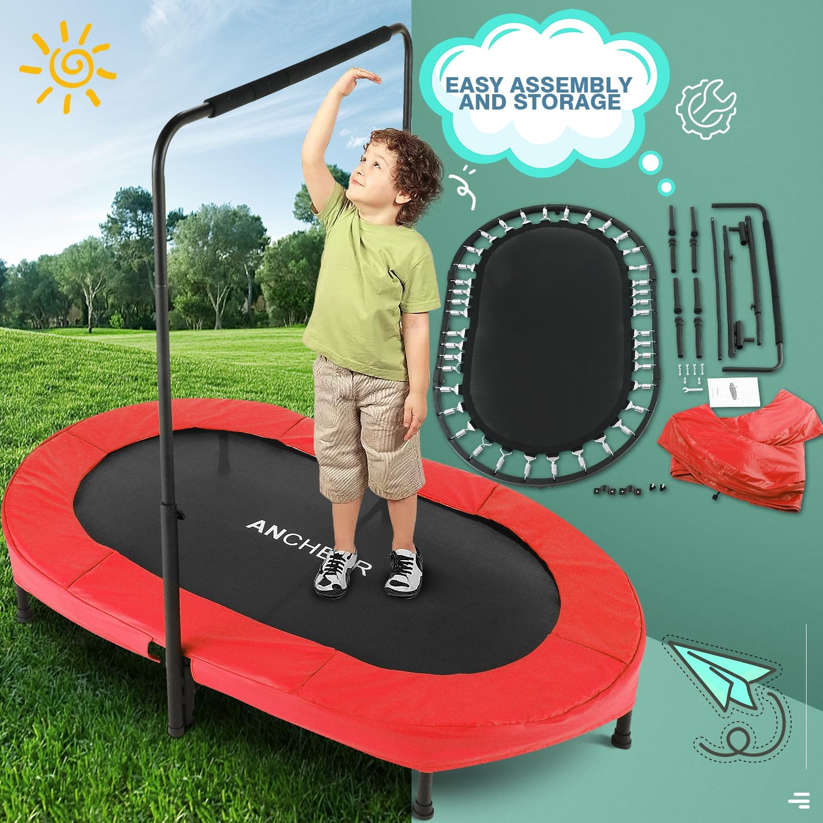 Kids Indoor Trampoline 56 Foldable Mini Trampoline w Handle Bar DoubleTrampoline with Reinforced Stitching Rubber Feet Red
