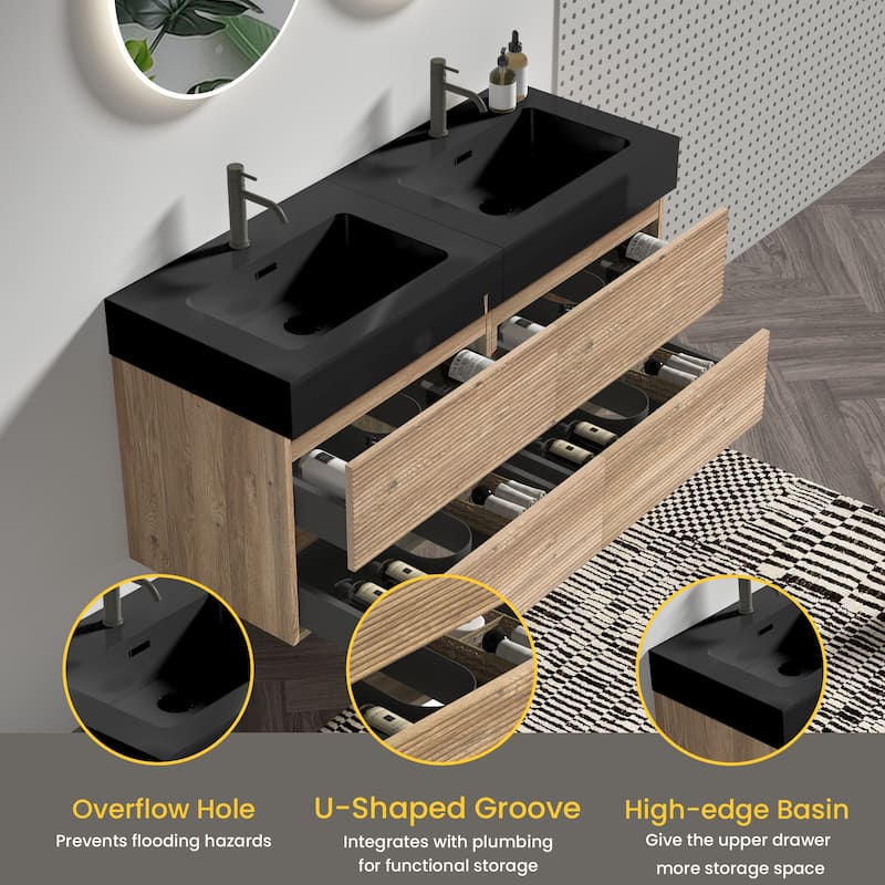 GDFStudio - Grace Wall-Mounted Bathroom Vanity with Engineered Quartz Sink & Soft Close Drawers, without Drainage and Faucet