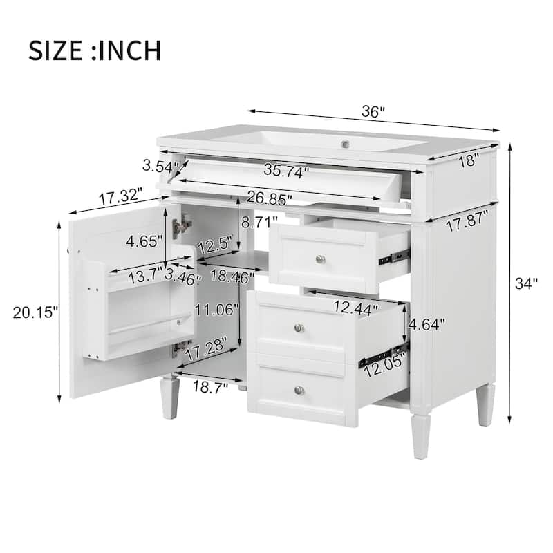 Modern Storage Cabinet Bathroom Vanity with Resin Sink, Tip-out Drawer, 2 Drawers, Side Door Organizer and Adjustable Shelf