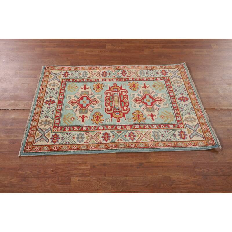 Turquoise Blue Kazak Oriental Accent Rug Hand-Knotted Wool Carpet - 2'9" x 3'11"