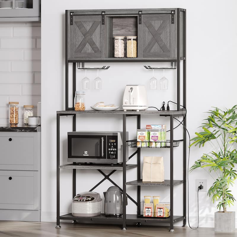 6-Tier Bakers Rack with Power Outlets Coffee Bar Station with Wine Glass Holder and Microwave Oven Stand