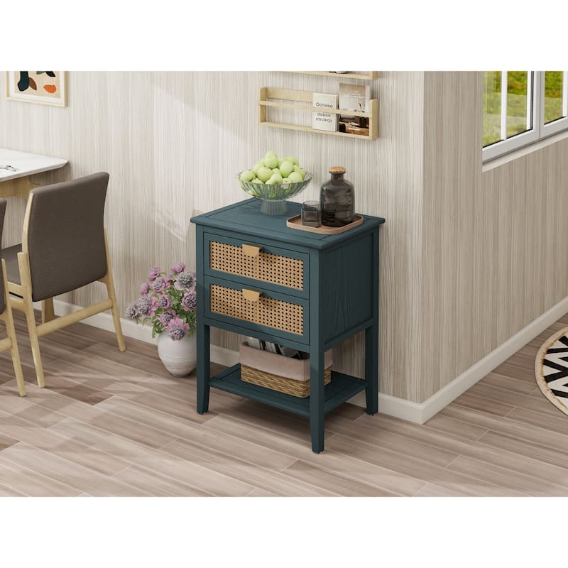 Roomfitters 2 Drawer Side Table, Rattan Nightstand End Table with Storage for Bedroom, Living Room
