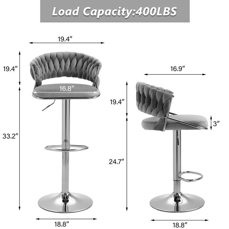 Set of 4 Modern Velvet Adjustable Bar Stools with Backs