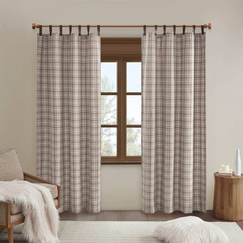 Madison Park Anaheim Plaid Faux Leather Tab Top Single Curtain Panel with Fleece Lining - 50x84" - Brown