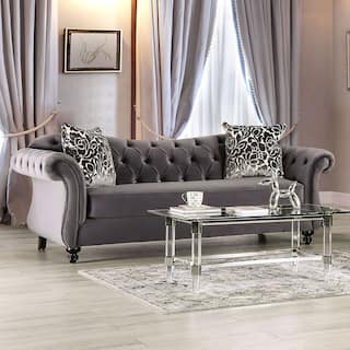 Addae Glam Grey Velvet Fabric Upholstered Button Tufted Sofa by Furniture of America