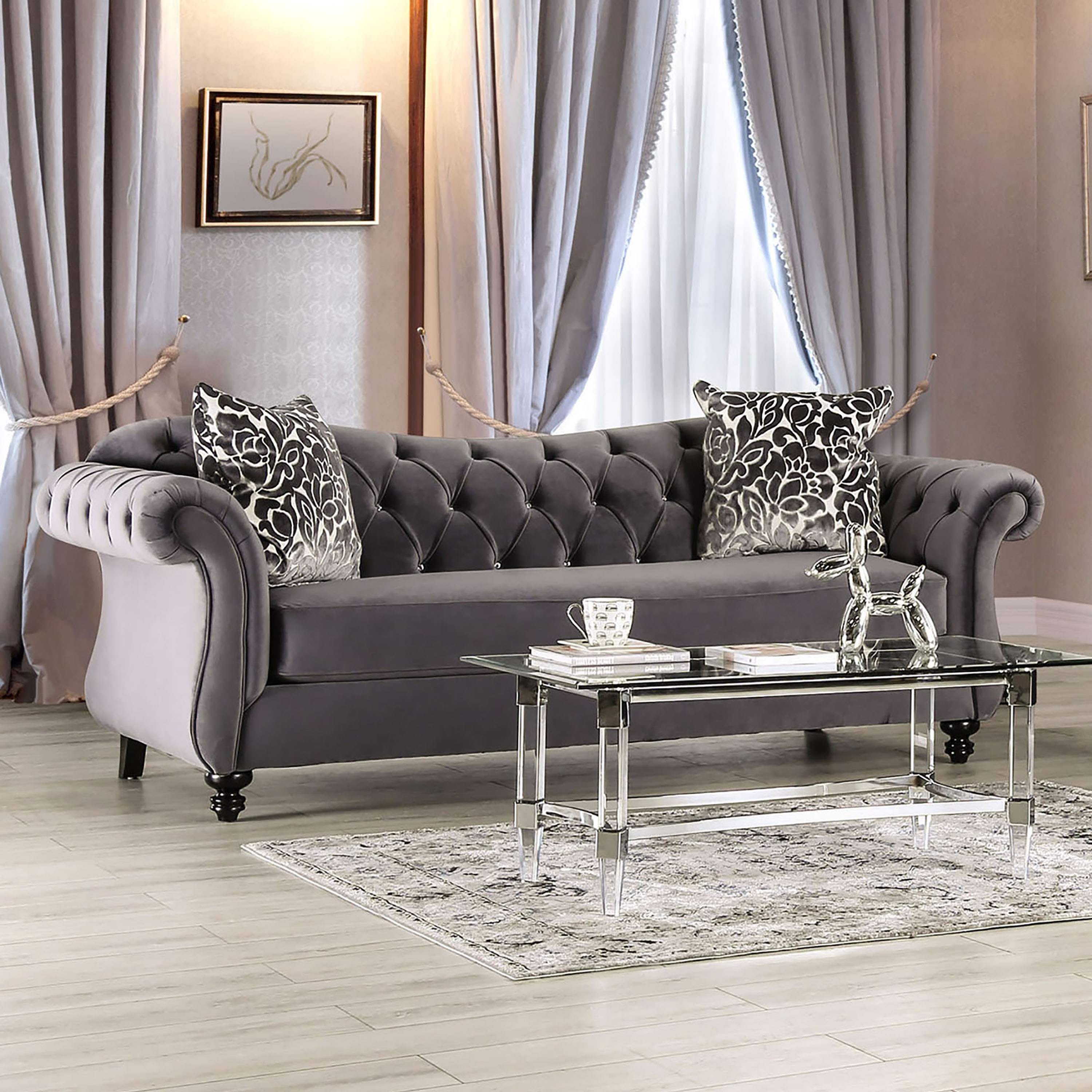 Furniture of America Addae Glam Grey Velvet Fabric Upholstered Button Tufted Sofa