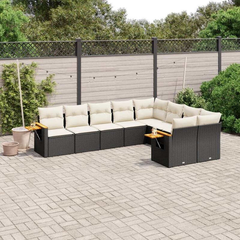 vidaXL Patio Sofa Set with Cushions Outdoor Conversation Furniture Poly Rattan - Black and cream without table - 24.4 x 33.5 x 27.2 in