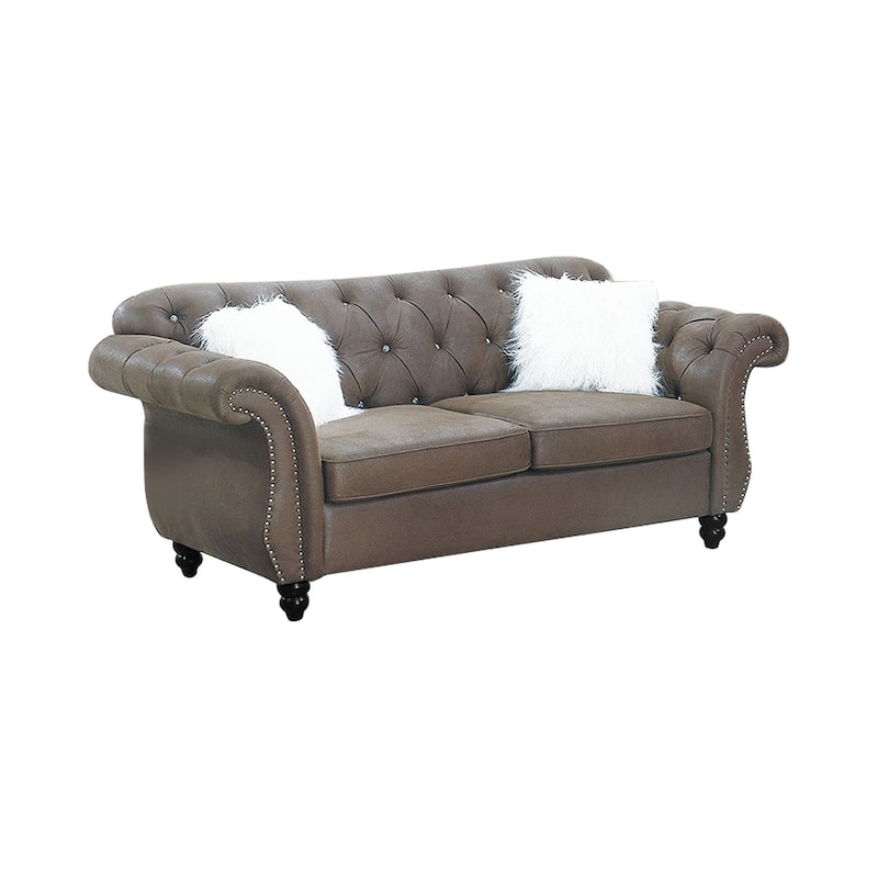 Chenille Love Seat with Nailhead Trim in Light Brown