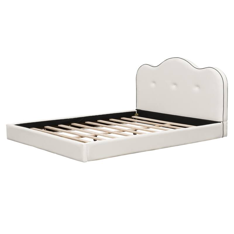 Beige Grounded Platform Bed Frame with Fabric Upholstered Headboard and Wooden Slats Support/No Box Spring Needed/Easy Assembly