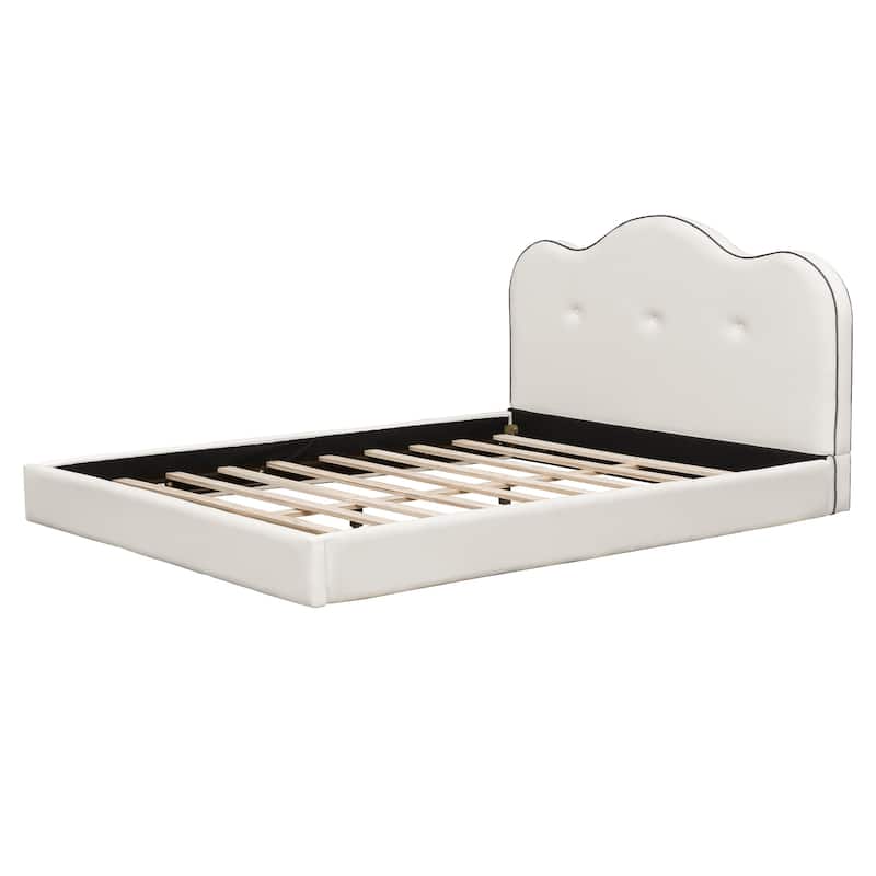 Modern Beige Upholstered Platform Bed with Curved Padded Headboard and Wood Slat Support, No Box Spring Needed