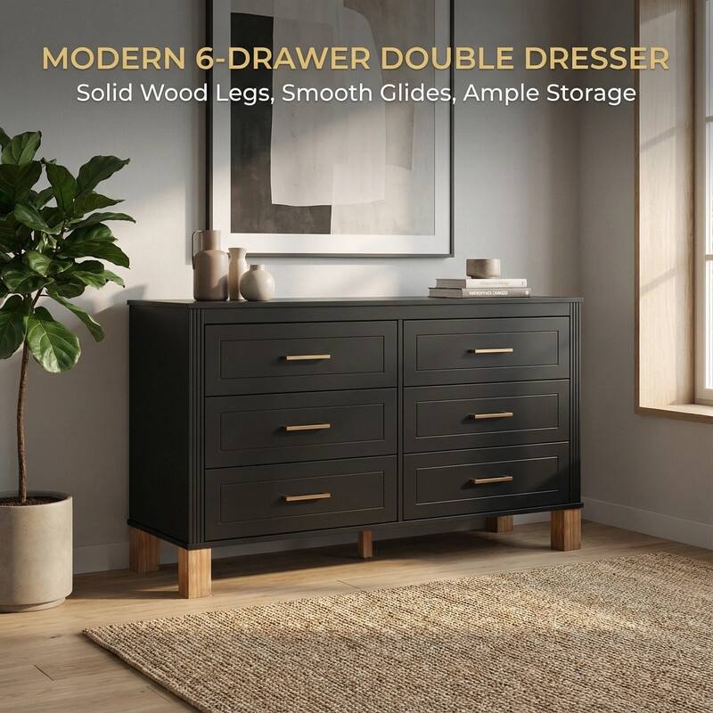 6 Drawer Double Dresser Modern Mid Century Style Storage Cabinet with Metal Handles and Solid Wood Legs for Bedroom Gray