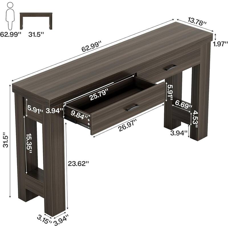 63 Inches Console Table with 2 Drawers, Wood Entryway Table with H-Shaped Legs