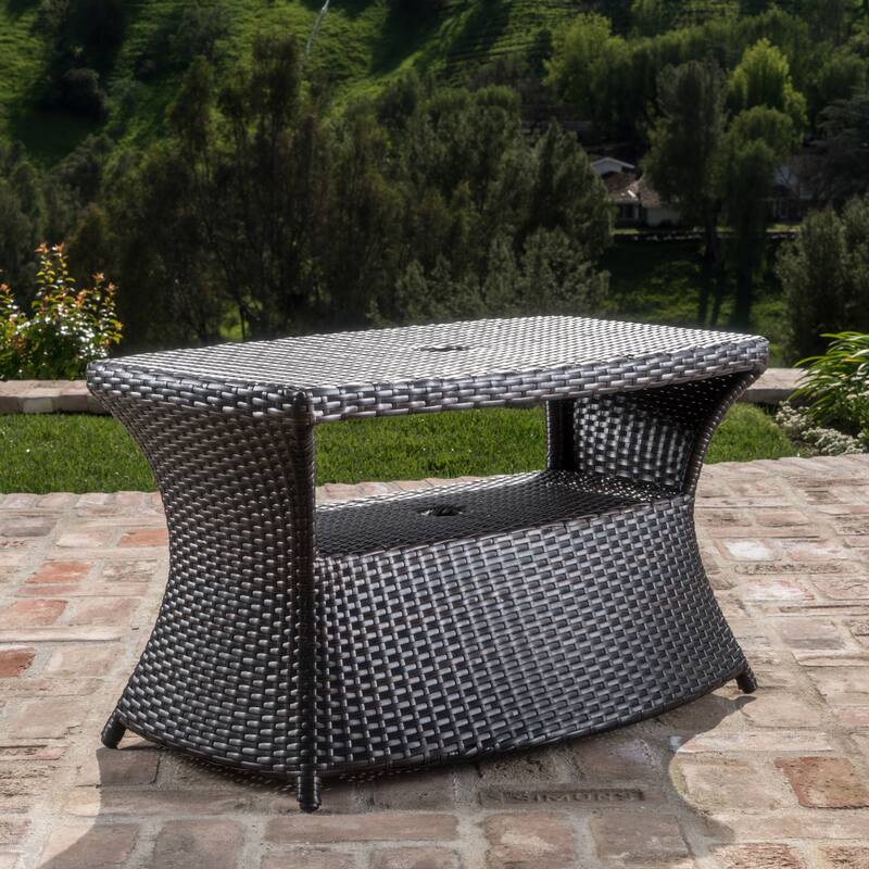 Roomfitters Berkeley Outdoor Wicker Chaise Lounge Side Table with Umbrella Holder and Serving Shelf