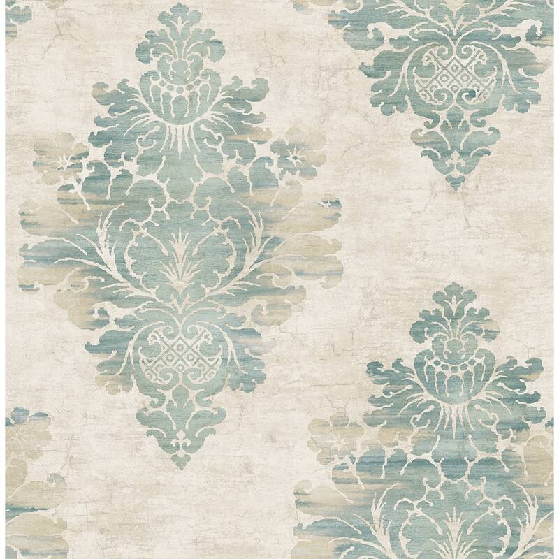 Seabrook Designs Lara Distressed Damask Unpasted Wallpaper - 20.5 in. W x 33 ft. L - Cream & Metallic Blue Dusk