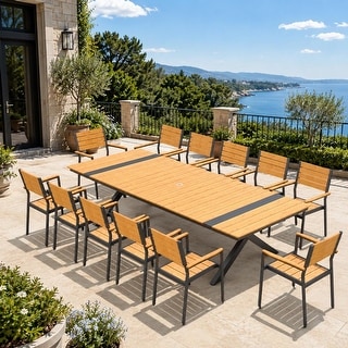 11/13-Piece Outdoor Aluminum Dining Table Set Rectangular Table with Umbrella Hole and Stackable Chairs