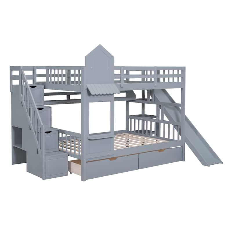 Full-Over-Full Bunk Bed with Slide, Storage Drawers and 3-Tier Shelves, Wood Kids Playhouse Bunkbed Frame for Bedroom, Gray