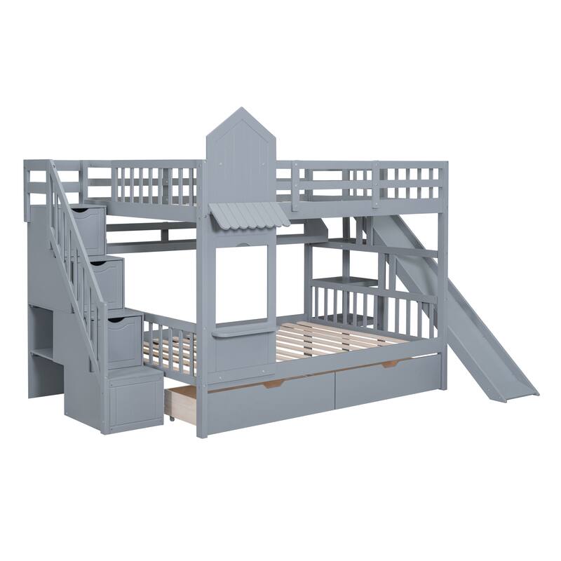 Gray Full over Full Size Solid Wood Castle Bunk Bed with Drawers & Slide