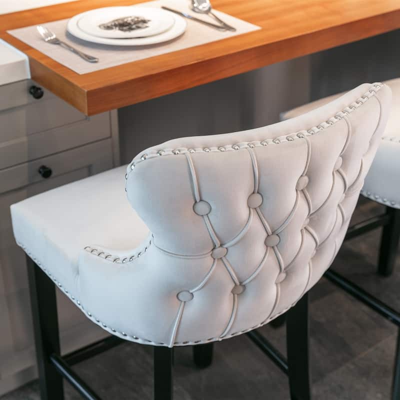 Set of 4 Velvet Upholstered Wing-Back Barstools with Button Tufted