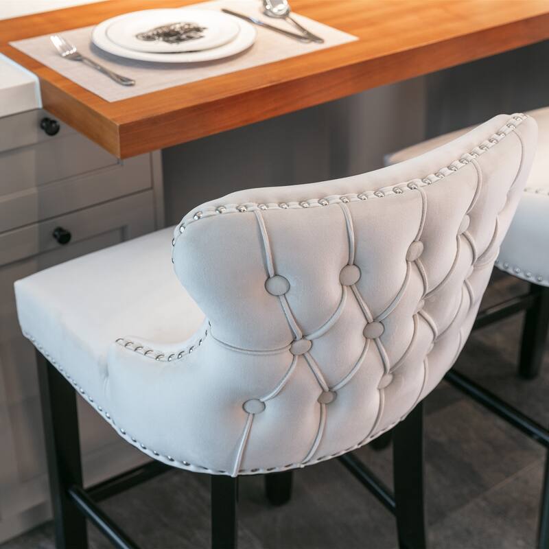 Velvet Wingback Bar Stools Set of 2, Button Tufted Dining Chairs with Footrest, Upholstered Counter Stools with Wooden Legs