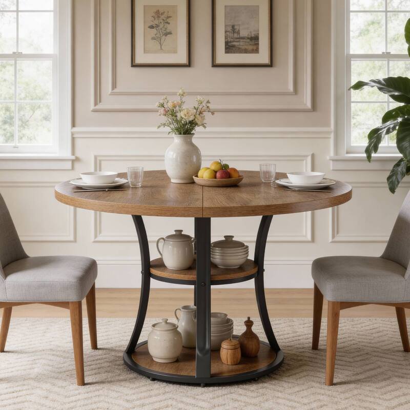 39 Inch Small Round Dining Table for 2-4 People, 3-Tier Round Pedestal Dining Table with Srorage for Kitchen / Dining Room