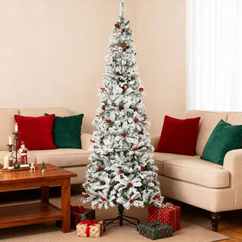Snow Flocked Pencil Artificial Tree - Realistic Pine Branches, Pine Cones, Red Berries, Auto Open - Green,White