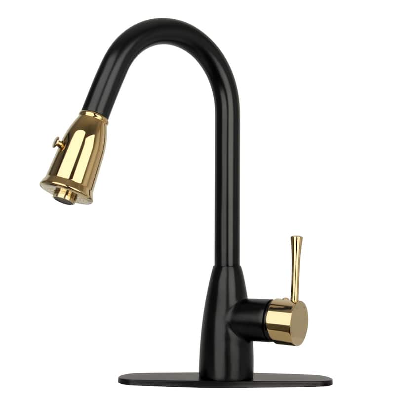 One-Handle Matte Black and Rose Gold Pull Down Kitchen Faucet with Deck Plate - 5 Years Warranty - 16x8.2 - Matte Black and Gold