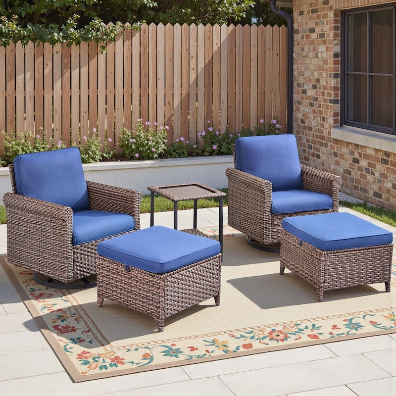Pocassy Outdoor Sofa Swivel Chairs Patio Chair Funiture Set - 5PCS Swivel Chairs Ottoman w/ Table - Brown Wicker Beige Cushion