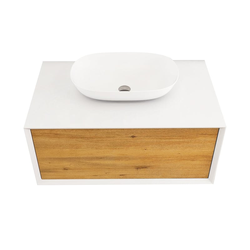 Wall Mounted Bathroom Vanity Set with White Solid Surface Top and Vessel Sink