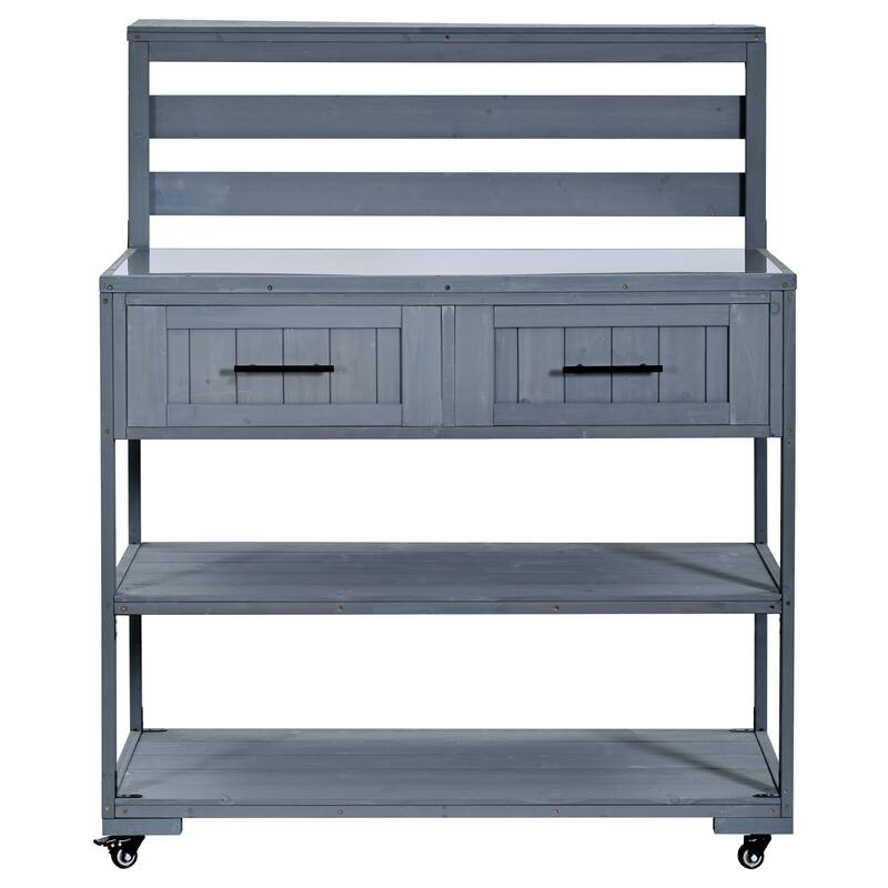 Solid Wood 62.3'' Patio Kitchen Island Kitchen Cart with Stainless Table Top, Garden Potting Bench with Raised Shelf and Drawers