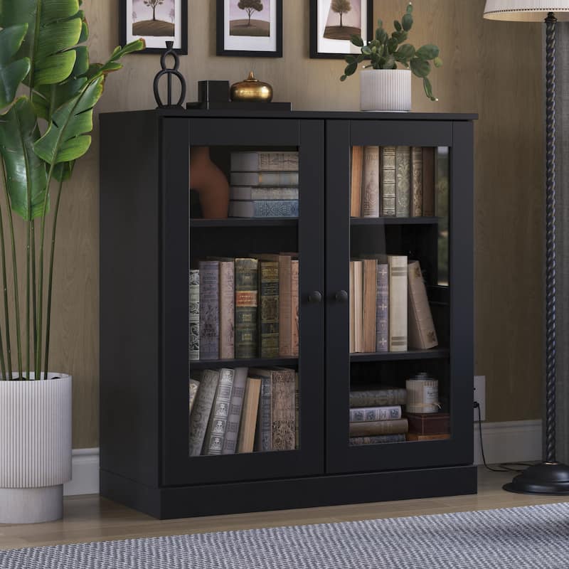 100% Solid Wood 3-shelf Bookcase with Optional Doors by Palace Imports - Clear Glass Doors - Black