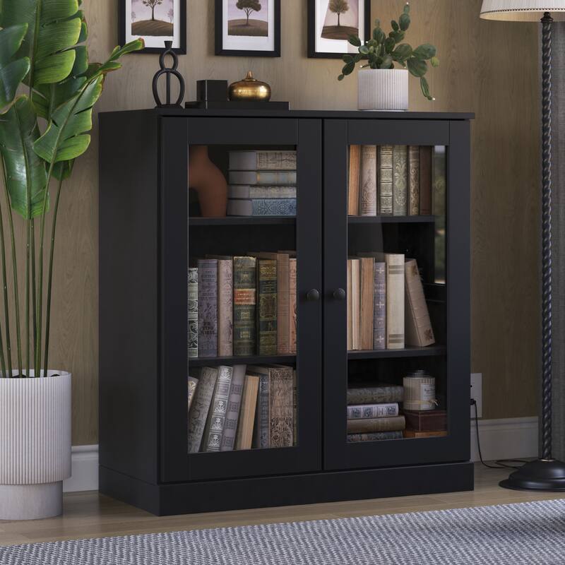 Palace Imports 100% Solid Wood 3-Shelf Bookcase, Clear Glass Doors, Adjustable Shelves, 32" Wide, 35.75" Tall - Black