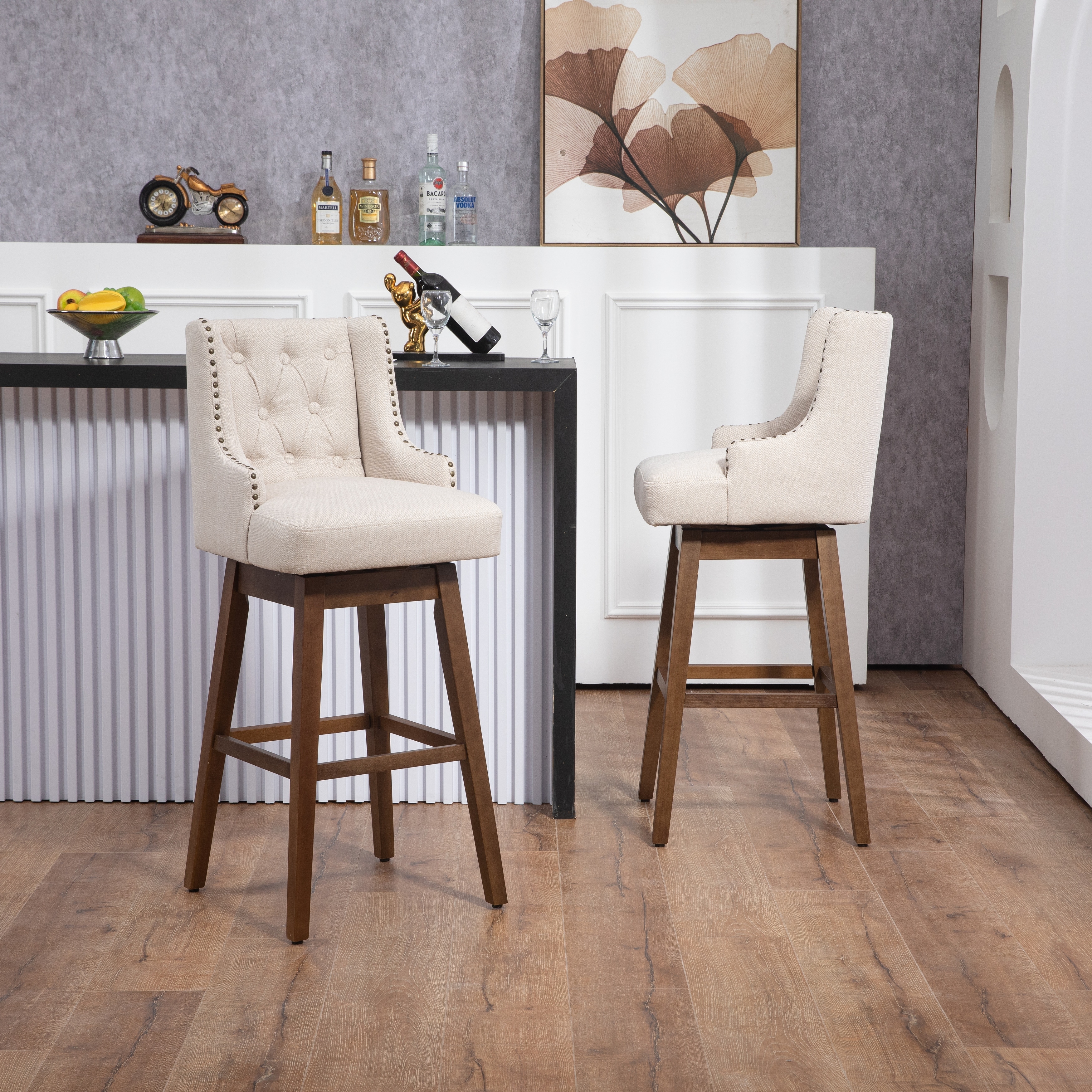 360 Degree Solid Wood Legs Swivel Bar Stools Set Of 2 Beige