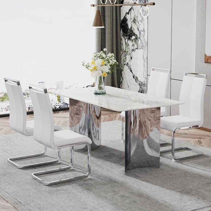Modern minimalist dining table. White imitation marble glass sticker desktop, stainless steel legs