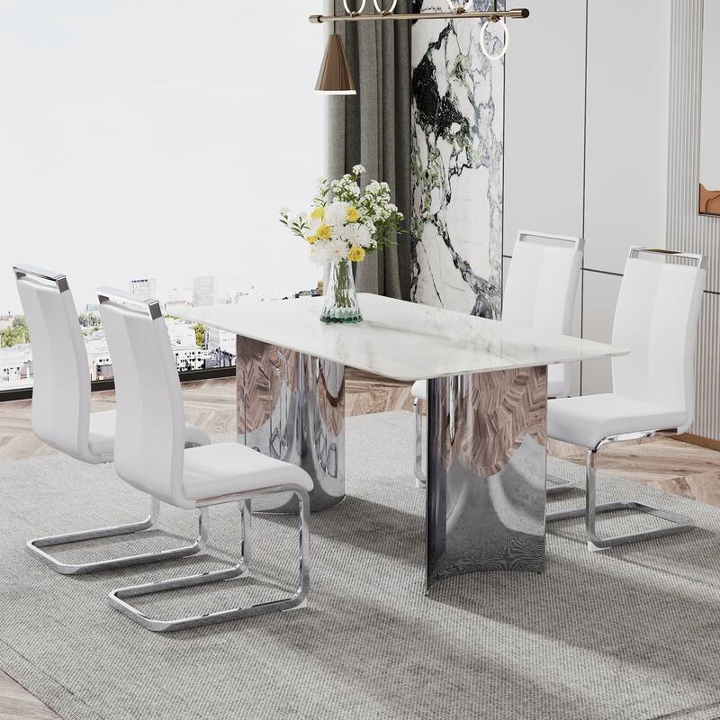 Modern minimalist dining table. White imitation marble glass sticker desktop
