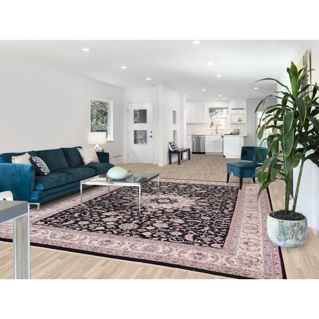 Black Floral Kashan Indian Area Rug Handmade Wool Carpet - 9'2"x 11'10"