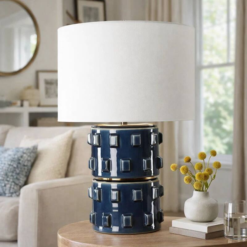 Table Lamp, 3D Raised Block Patterns, White Linen Shade, Blue 23 Inch