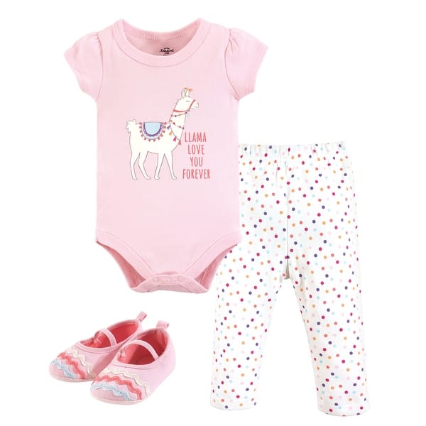 slide 1 of 1, Little Treasure Baby Girl Cotton Bodysuit, Pant and Shoe 3pc Set, Llama Love 0-3 Months - Llama Love