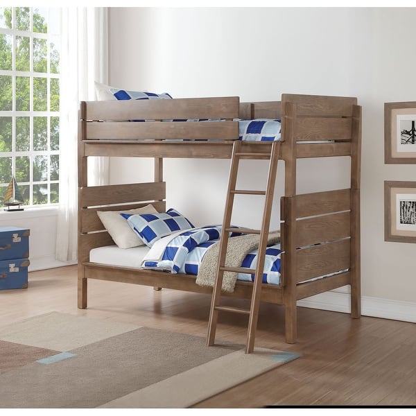 slide 1 of 1, Twin over Twin Solid Wood Bunk Bed with Fence Oak