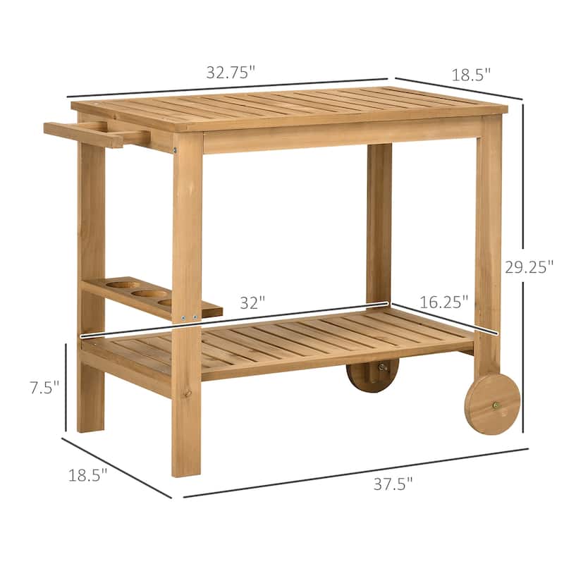 Outsunny Outdoor Bar Cart, Wood Rolling Home Bar & Serving Cart with 2 Shelves, Wine Bottle Holders for Garden