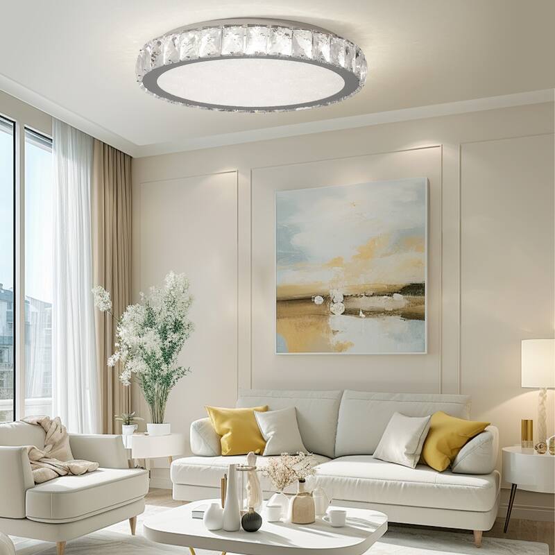 LED Crystal Ceiling Light, Living Room Ceiling Light Fixture, Round Flush Mount Ceiling Light for Entryway Staircase