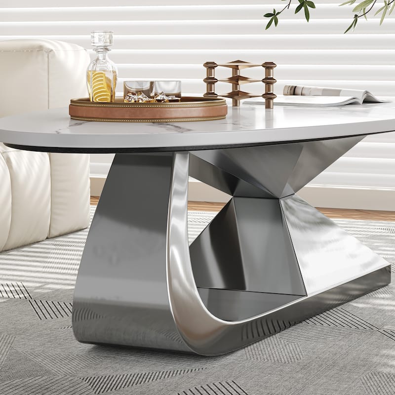 GDFStudio - Contemporary 51.2" Oval Sintered Stone Coffee Table with Sculptural Stainless Steel Base