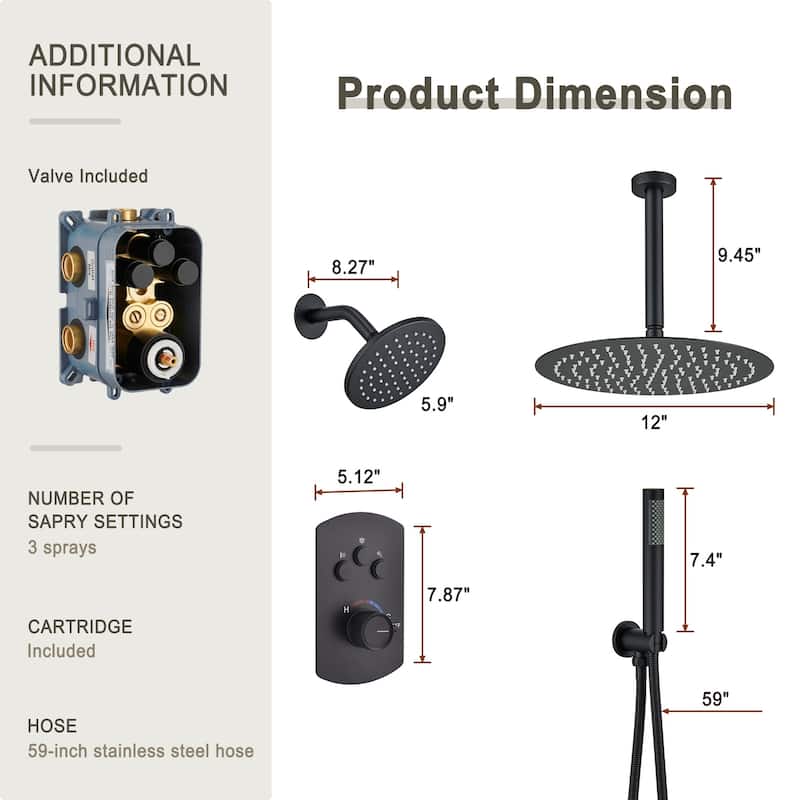 Pressure Balanced 3-Spray Patterns 2.5 GPM 12 in. Dual Shower Head Ceiling Mount Fixed and Handheld Shower Head - 12" x 12"