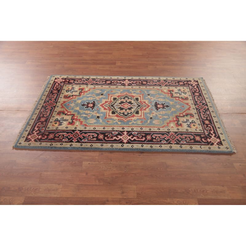 Light Blue Traditional Heriz-Serapi Foyer Rug Hand-Knotted Wool Carpet - 3'1"x 5'0"