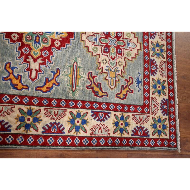 Geometric Kazak Foyer Rug Hand-Knotted Blue Wool Carpet - 3'4" x 4'9"