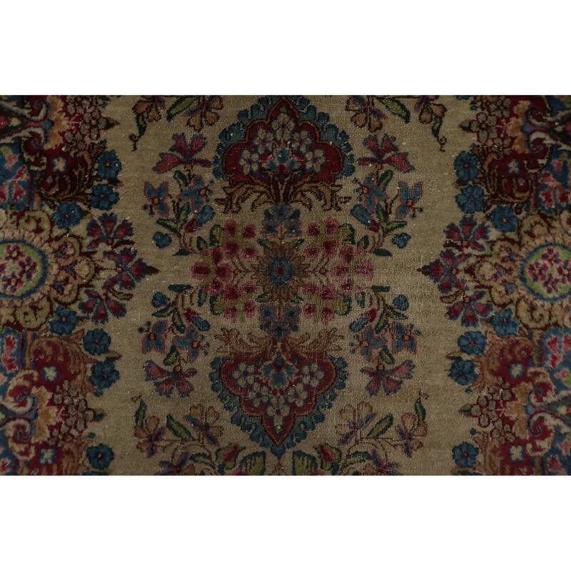 Hand Knotted Oriental 100% Wool Carpet Traditional Floral Beige & Ivories Kerman Runner Rug - 19' 3'' X 3' 1''