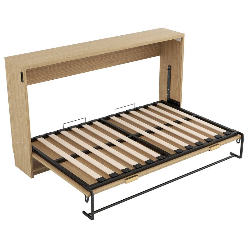 Roomfitters Twin XL Murphy Bed Cabinet with Foldable Frame, Built-in Light, Wall Bed for Compact Spaces, Natural